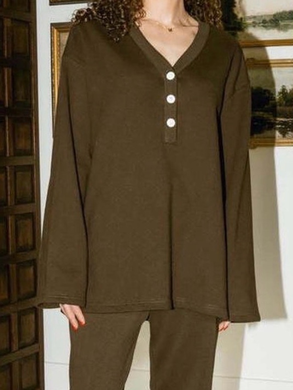Harly Jae Porto Henley Espresso Cotton Oversized Top L/XL Slow Fashion